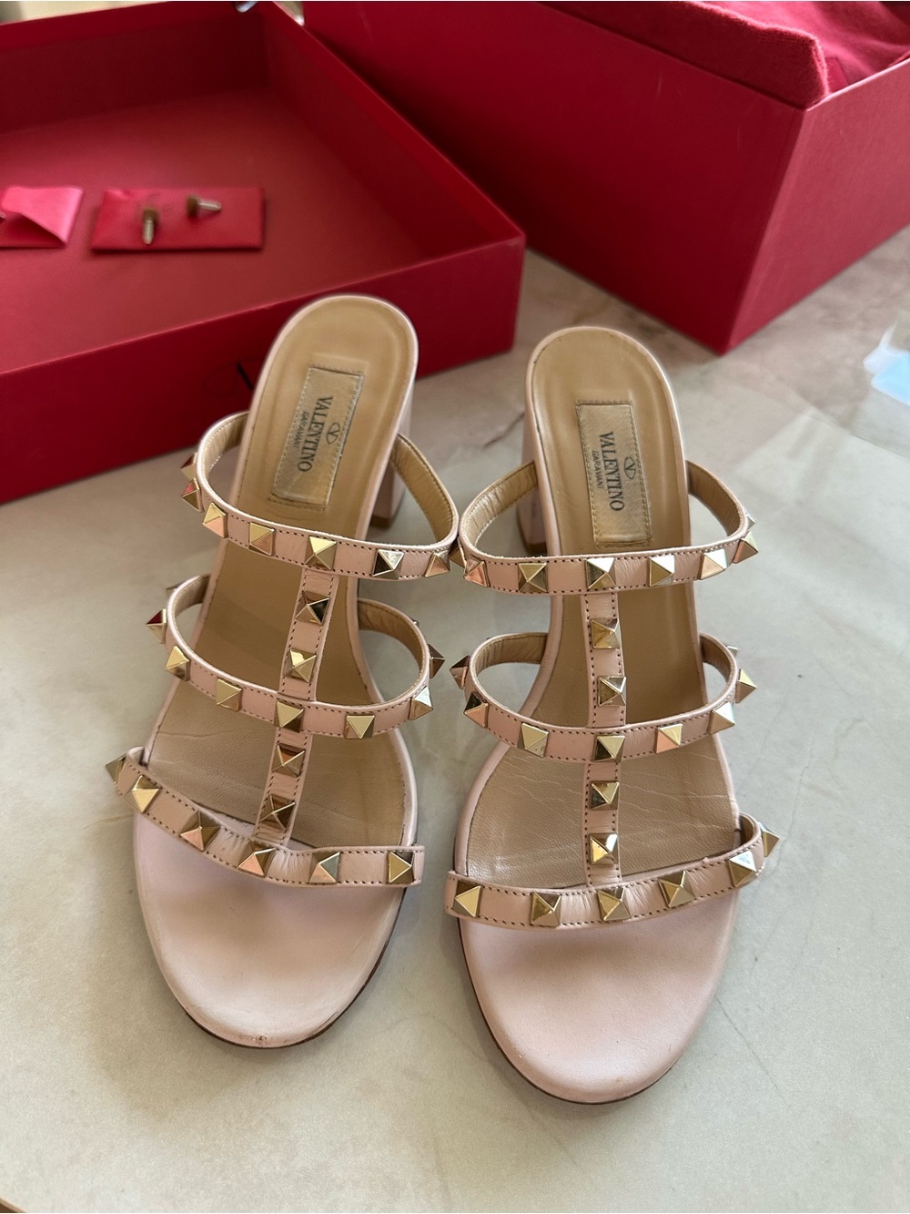Valentino Pink Leather Rockstud Multi-Strap Mules